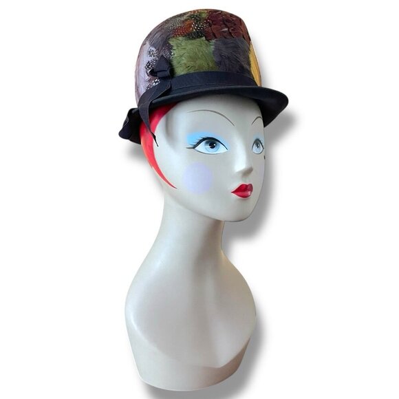 Vintage 1960s Womens Pheasant Feather Hat Angel Designs Brown Wool Dress Toque - Picture 12 of 16